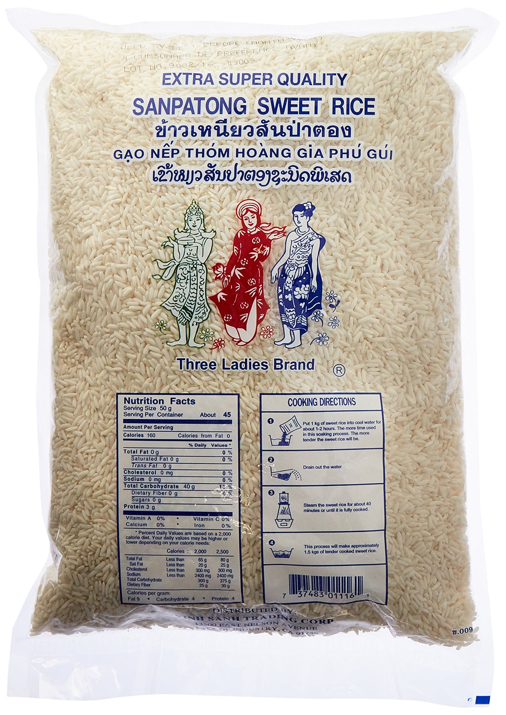 Three Ladies Sanpatong Sweet Rice bag, ready to rinse and cook for fluffy results.