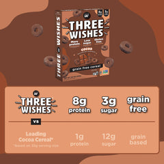Close-up of crunchy Three Wishes Cocoa cereal bits and flavor.
