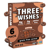 Three Wishes Cocoa cereal packaging highlighting gluten-free, protein-packed ingredients.