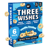 Three Wishes grain-free protein cereal frosted box highlights gluten-free breakfast option.