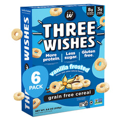 Three Wishes grain-free protein cereal frosted box highlights gluten-free breakfast option.