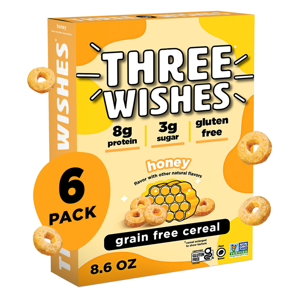 Three Wishes honey-flavored cereal pieces in a bowl with milk, protein-rich breakfast option.