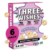 Three Wishes Marshmallow cereal box highlights gluten-free packaging and plant-based branding.