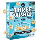 Three Wishes unsweetened cereal box front, protein-rich breakfast option.