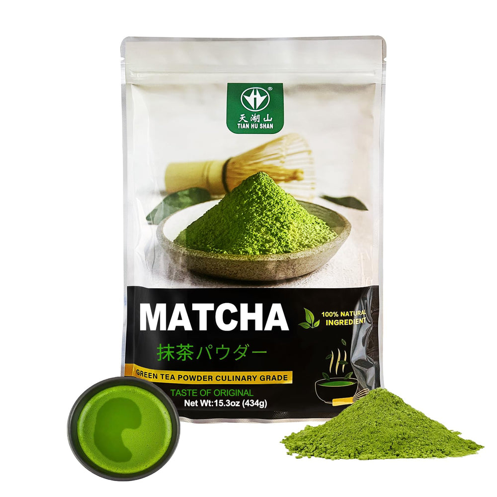 Tian Hu Shan matcha green tea powder bag front view for everyday lattes.