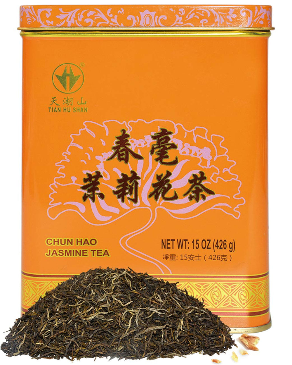 Tian Hu Shan Premium Jasmine Green Tea front packaging highlights loose-leaf quality for gifting.