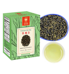 Tian Hu Shan Tie Guan Yin tea leaves close-up showing premium oolong texture and aroma.