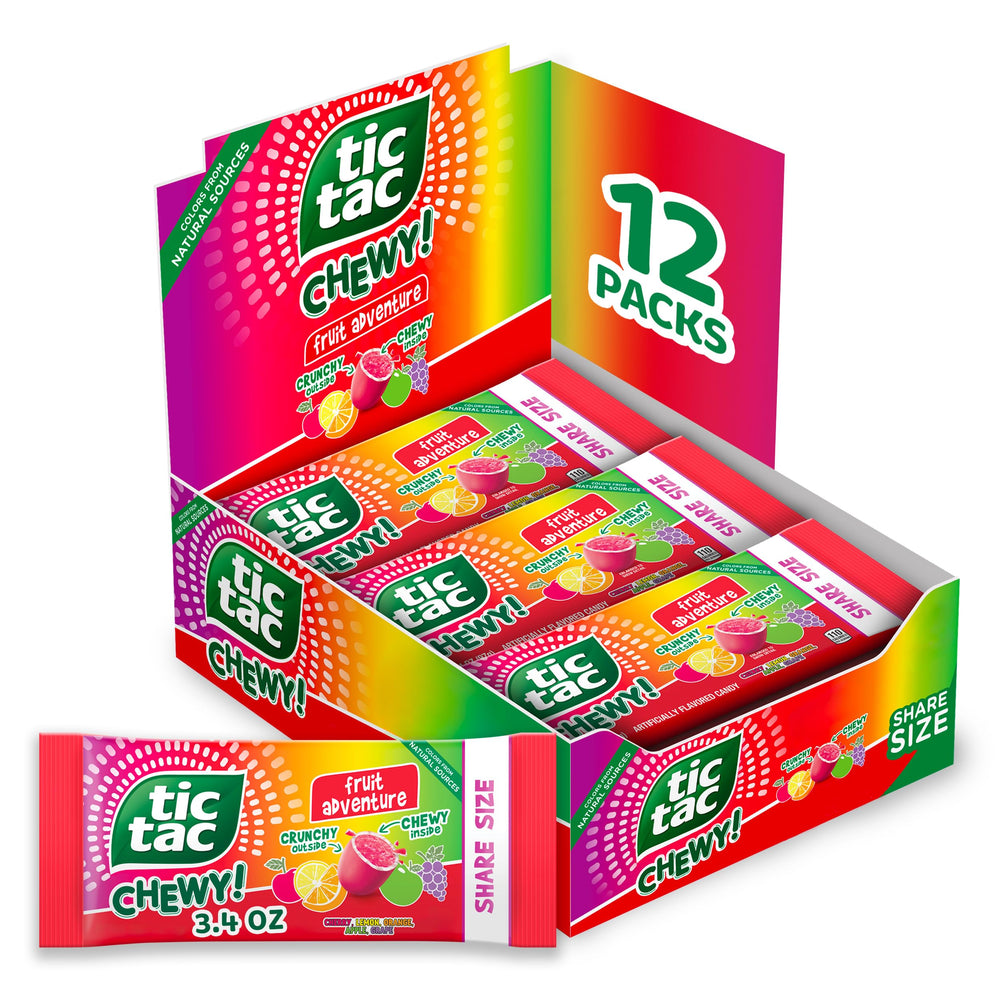 TIC TAC CHEWY! Fruit Adventure package front showing bright colors for on-the-go snacking