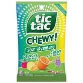 TIC TAC CHEWY Sour Adventure outside crunch close-up, showcasing a crunchy shell around fruity chew.