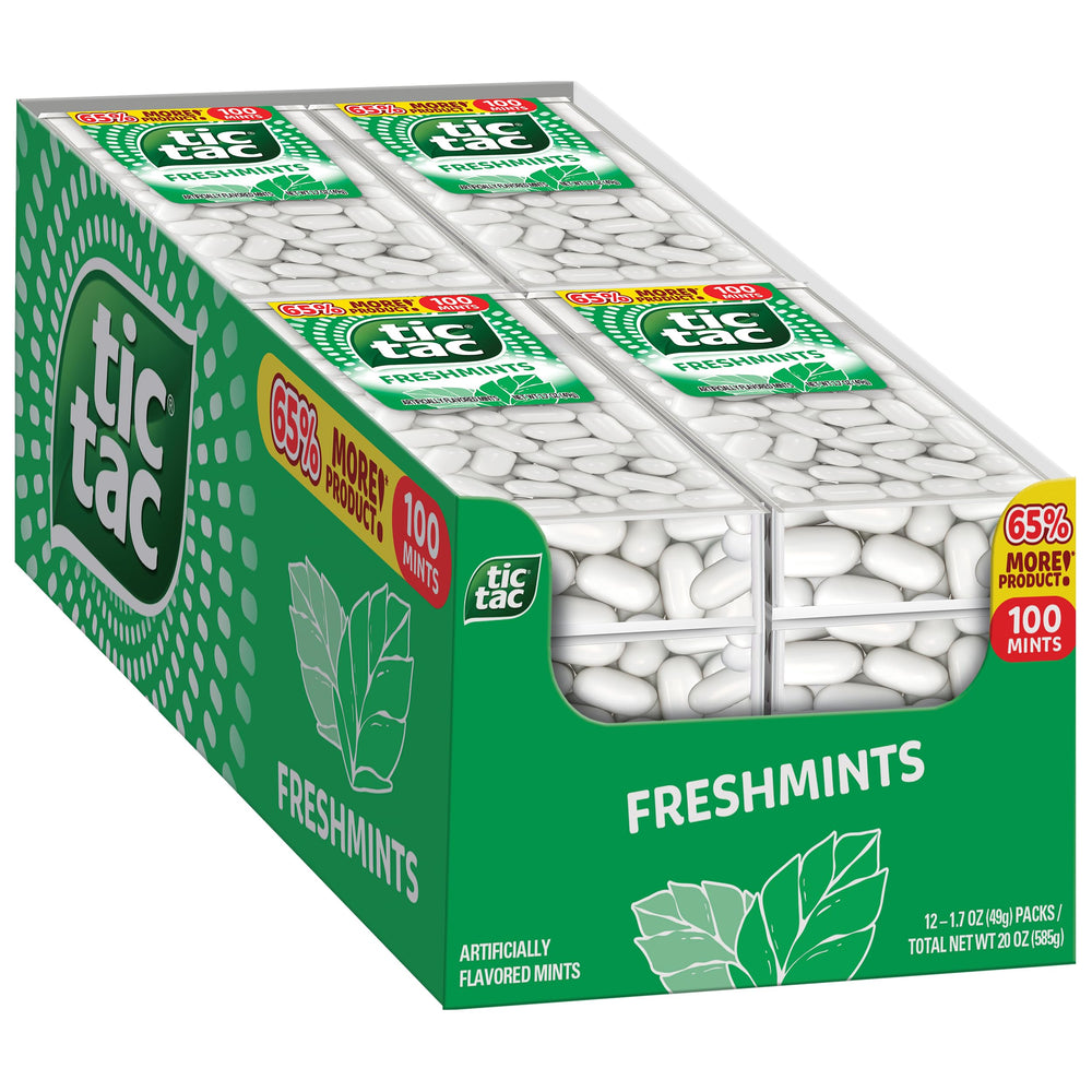 Tic Tac Freshmints twelve-pack front view for quick on-the-go refreshment