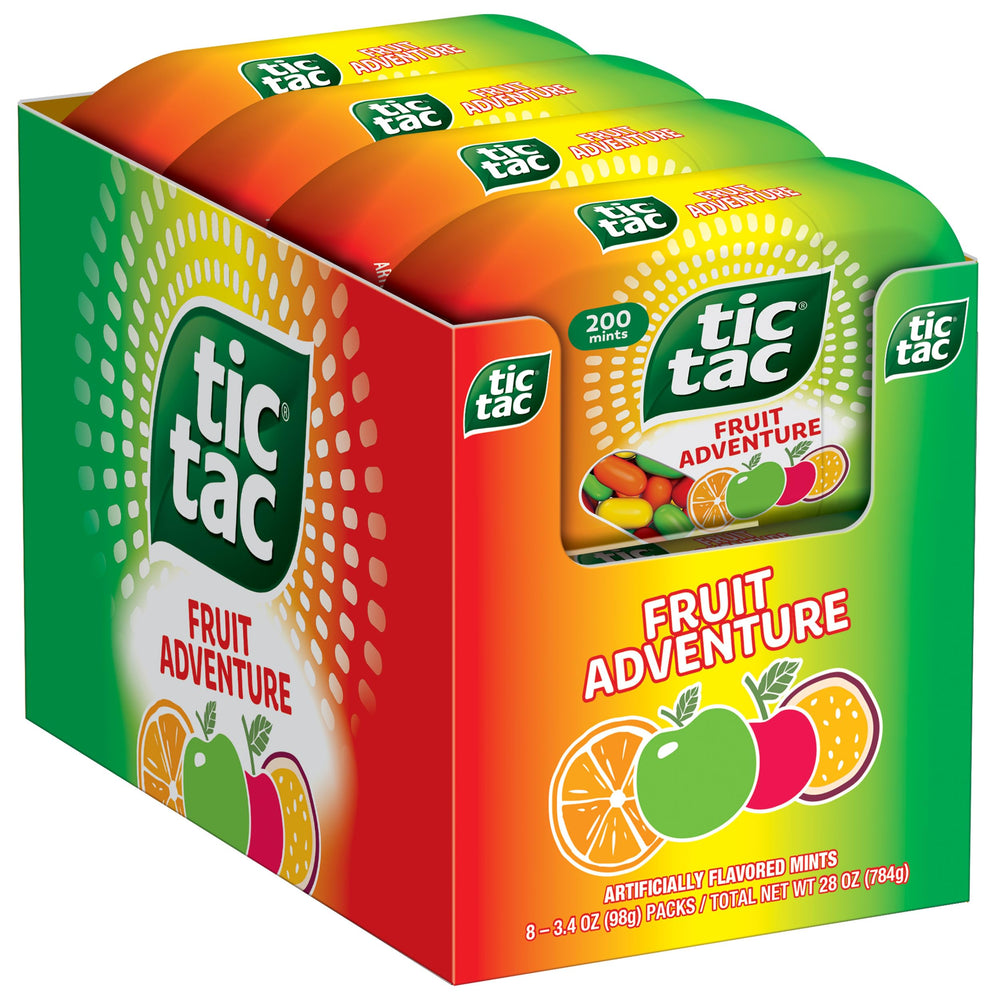 Tic Tac Fruit Adventure pack front view, compact mint container for on-the-go freshness.