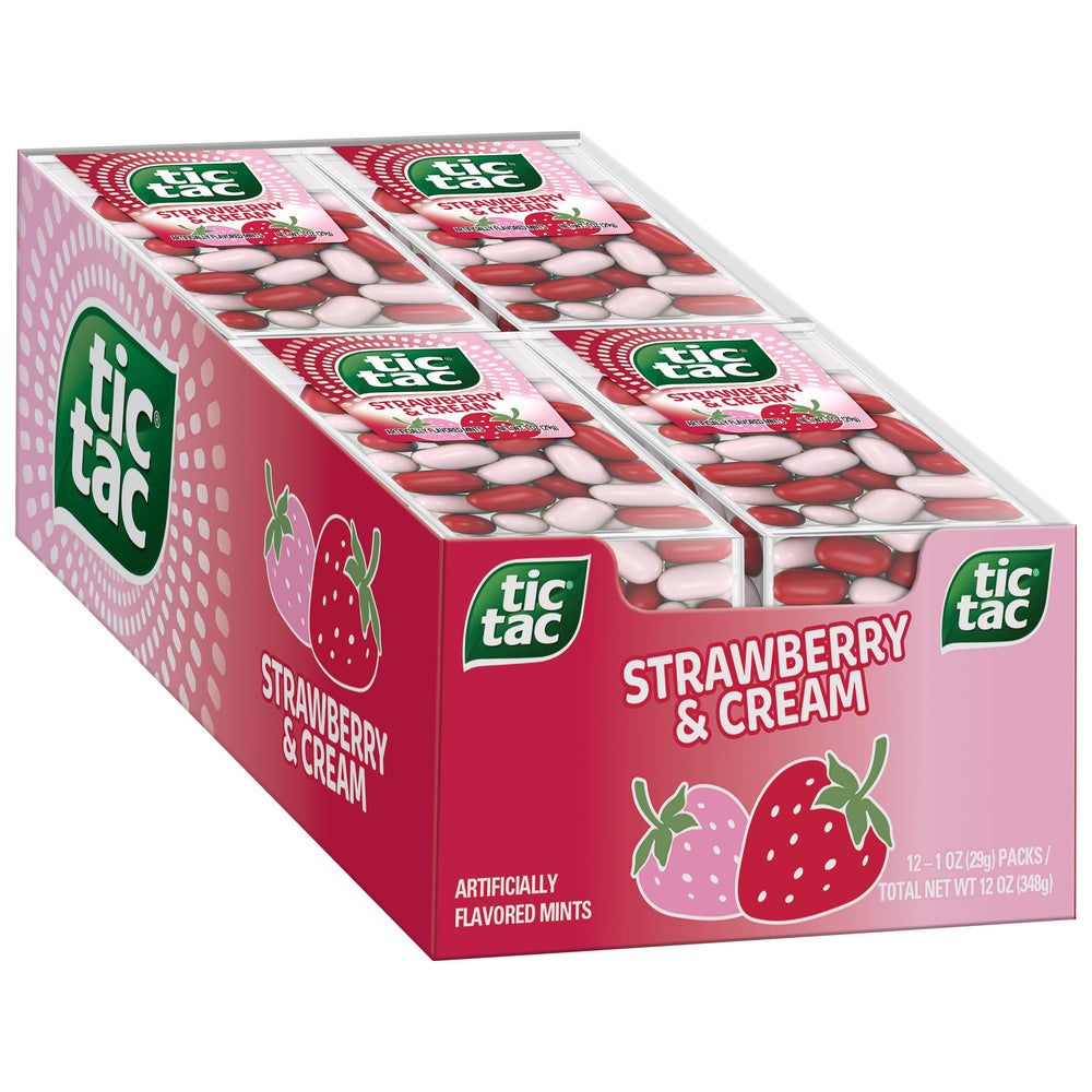 Tic Tac Strawberry & Cream mints closeup in a 1-ounce pack for portable refreshment.