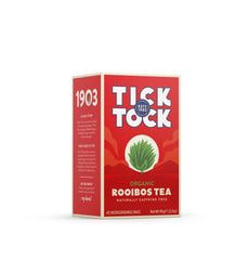Tick Tock Organic Rooibos Tea Bags in a box, smooth and naturally caffeine-free.