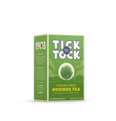 Tick Tock Rooibos Green Tea bottle shows organic, caffeine-free refreshment.