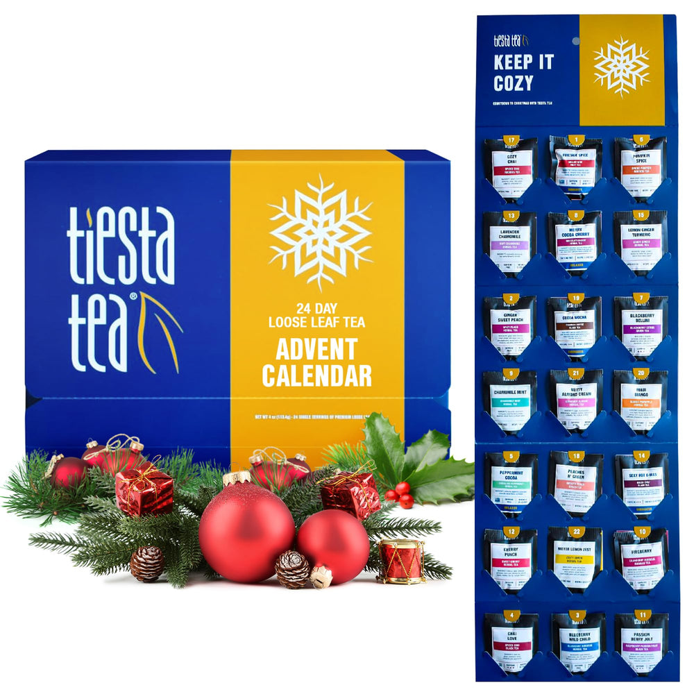 Tiesta Tea advent calendar front view, festive packaging for easy gifting