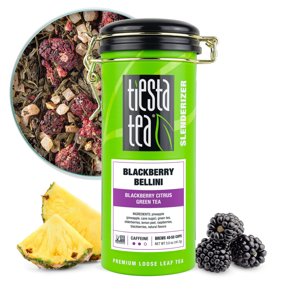 Tiesta Tea Blackberry Bellini tin front, premium loose leaf blend for a refined tea ritual.