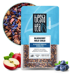 Tiesta Tea Blueberry Wild Child cup close-up, caffeine-free fruit infusion ideal hot or iced