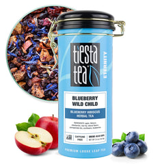 Tiesta Tea Blueberry Wild Child loose leaf close-up, a caffeine-free fruity blend for hot or iced
