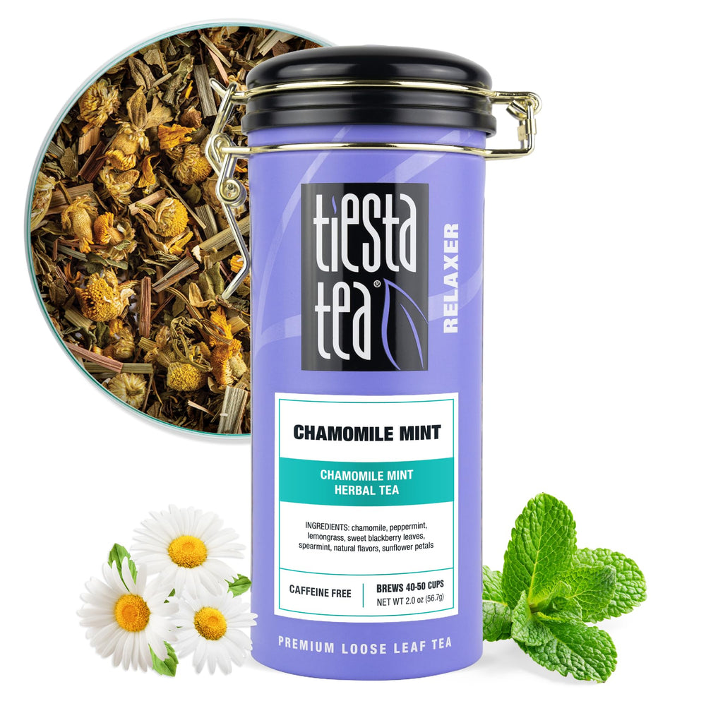 Tiesta Tea Chamomile Mint tea leaf closeup; premium loose leaf quality for soothing moments