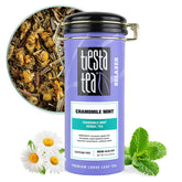 Tiesta Tea Chamomile Mint tea leaf closeup; premium loose leaf quality for soothing moments