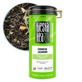 Tiesta Tea Chinese Jasmine loose leaf with fragrant jasmine petals.