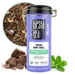 Tiesta Tea Cocoa Mint Chill loose-leaf setup showing aroma and calm flavor