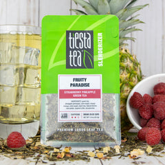 Hot cup of Tiesta Tea Fruity Paradise reveals fragrant fruity notes