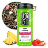 Tiesta Tea Fruity Paradise tin with strawberry pineapple green tea, keeps tea fresh for 40–50 cups