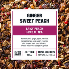 Tiesta Tea Ginger Sweet Peach brew in glass, soothing afternoon ritual.