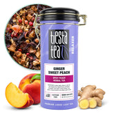 Tiesta Tea Ginger Sweet Peach loose leaf tea in tin, ideal for a cozy morning.