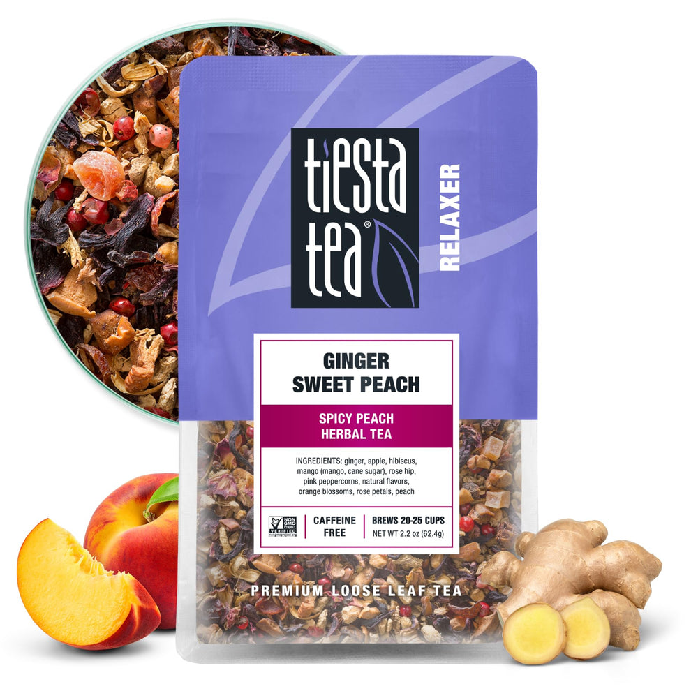 Tiesta Tea Ginger Sweet Peach loose leaf in tin for fresh daily sipping.