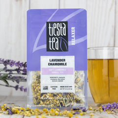 Tiesta Tea Lavender Chamomile teacup brew display, inviting relaxing sips.