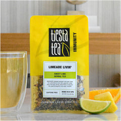 Tiesta Tea Limeade Livin pouch back with ingredients and features for easy brewing