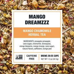 Tiesta Tea Mango Dreamzzz Chamomile hot brew with warm amber color