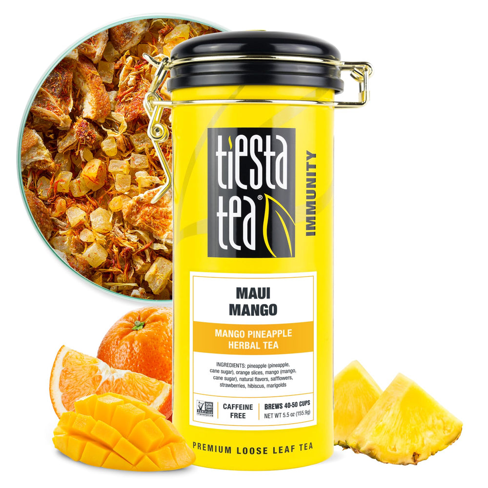 Tiesta Tea Maui Mango loose leaf tea in a tin for fresh tropical flavor
