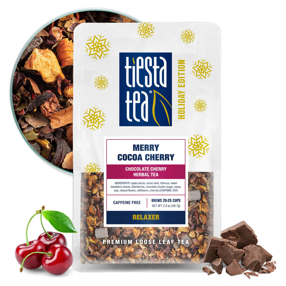 Tiesta Tea Merry Cocoa Cherry pouch holding premium loose leaf blend