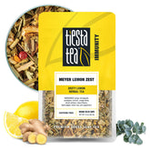 Tiesta Tea Meyer Lemon Zest tea pouch on the counter highlights reusable packaging and freshness