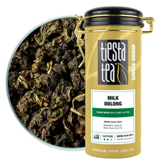Tiesta Tea Milk Oolong loose-leaf tea in a reusable tin for fresh flavor.