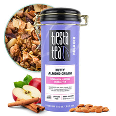 Tiesta Tea Nutty Almond Cream tin preserves the caffeine-free blend's freshness