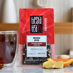 Tiesta Tea Orange Spice hot brew in cup delivering bold flavor