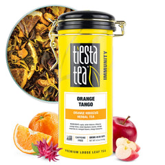 Tiesta Tea Orange Tango loose leaf tea in a bright tin awakens the senses.