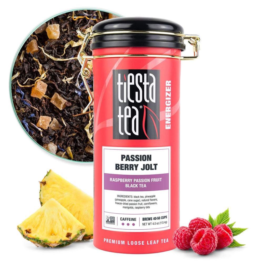 Tiesta Tea Passion Berry Jolt tin front preserves freshness for daily brewing.