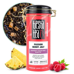 Tiesta Tea Passion Berry Jolt tin front preserves freshness for daily brewing.