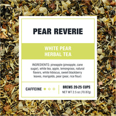 Pear Reverie white tea base with lemongrass for gentle refreshment.