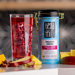 Tiesta Tea Pineapple Sangria loose-leaf closeup showing vibrant leaves for flavor.