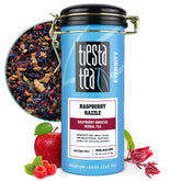Tiesta Tea raspberry-razzle-tea-tin shows the fruity herbal blend for on-the-go flavor.