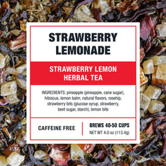 Tiesta Tea Strawberry Lemonade brewed cup, warm citrus notes for cozy hot-brew moments.