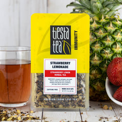 Tiesta Tea Strawberry Lemonade steeping cup captures bright fruit notes.