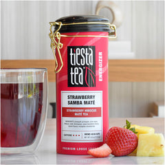 Tiesta Tea Strawberry Samba Mate ingredients close-up: hibiscus and strawberries.