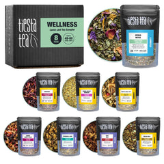 Tiesta Tea Wellness Sampler packaging displaying eight blends for hot or iced tea